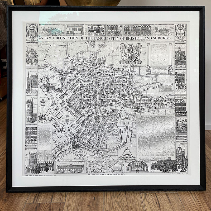 Black and white city map with a lack frame