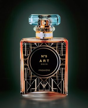 Art Deco by Axel Crieger. A Chanel No5 bottle in an art deco black and gold design