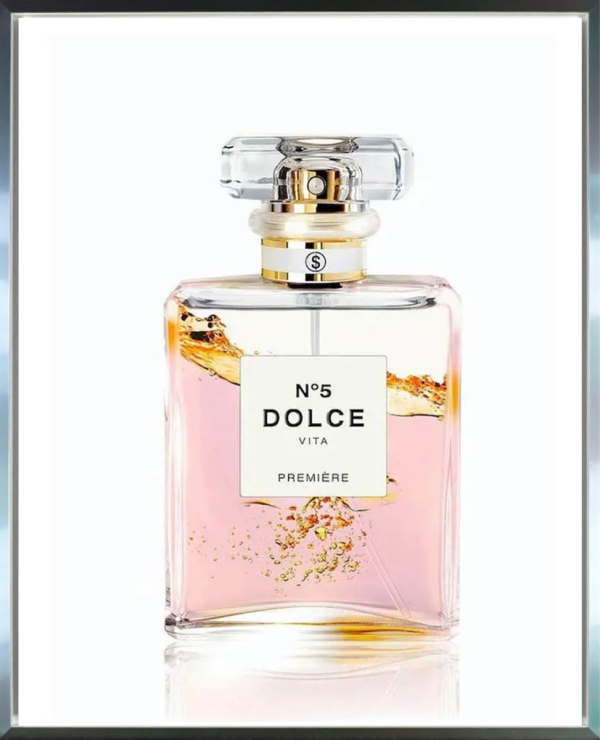 Dolce Vita by Axel Crieger. A Chanel No5 bottle with a light pink and gold liquid inside in a silver frame