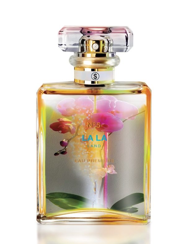 La La Land by Axel Crieger. A Chanel No5 bottle with image of a pink orchid inside the bottle.