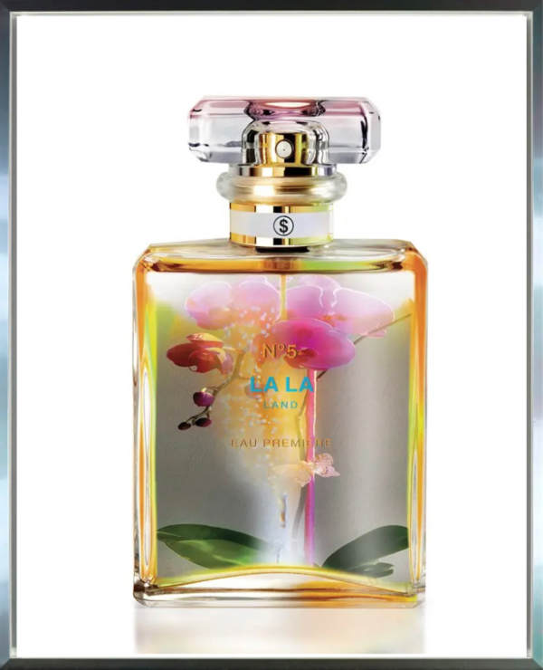 La La Land by Axel Crieger. A Chanel No5 bottle with image of a pink orchid inside the bottle in a silver frame