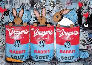3 rabbits in soup cans. Breakout by Harry Bunce
