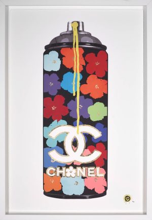 Spray can with Chanel logo and flowers like Andy Warhol's iconic flower painting. White frame