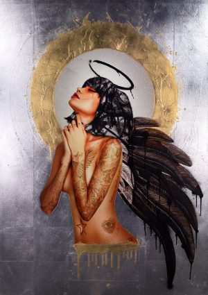 Heavens Fall IV by Matt Herring. Artwork showing upper body of an angel with black hair and wings praying