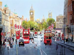 Coronation Street by Tom Butler. Artwork showing London street with big ben and London buses
