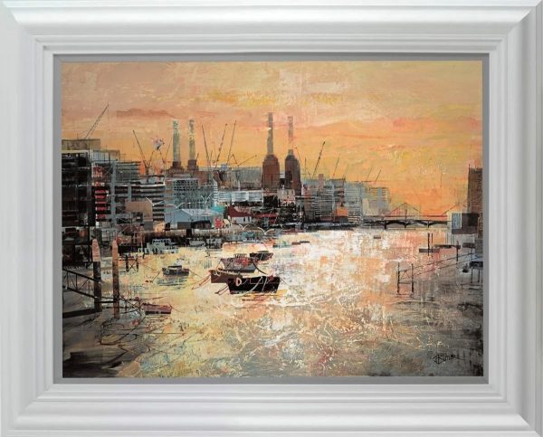 Low Tide, Battersea by Tom Butler. Artwork of Battersea docks in a white frame