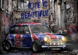 original style mini car painted in Union Jack colours with Life is Beautiful written in graffiti style.