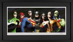 Painting by Alex Ross of seven DC superheros including superman, batman and wonderwoman