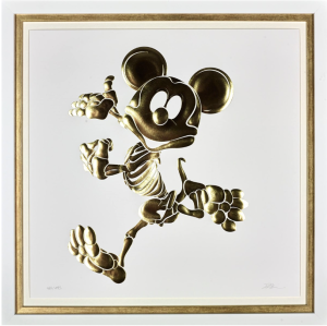 A piece by Alessandro Paglia of Micky Mouse as a Skeleton in gold on a white background.