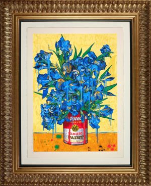 Andy Warhol soup can with added Iris Drip flowers by Mr Brainwash in a gold frame