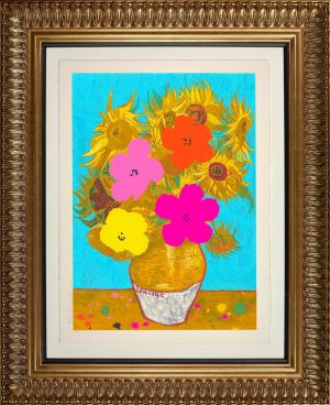 Van Gogh's Sunflowers with added bright drip flowers by Mr Brainwash in a gold frame