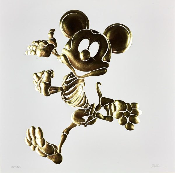 A piece by Alessandro Paglia of Micky Mouse as a Skeleton in gold on a white background.