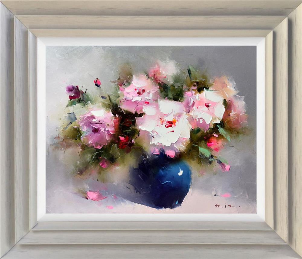 Love lifts up by Aziz. pink flowers in a blue vase