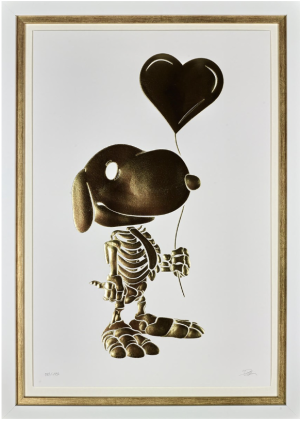 Heart of gold by Alessandro Paglia. A gold image of snoopy with a skeleton body holding a heart shaped balloon