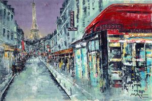 Cafe Culture. A painting by Mark Curryer of a street of cafes in Paris with the Eiffel tower in the distance.