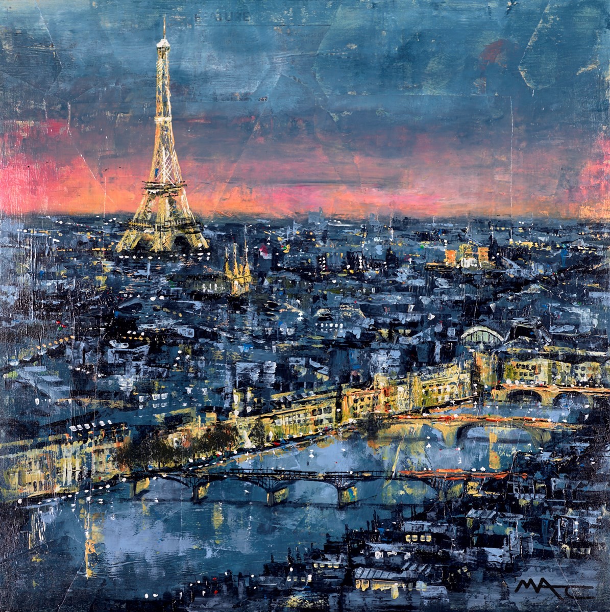 Continental Sunset. A painting by Mark Curryer of a view across Paris at sunset