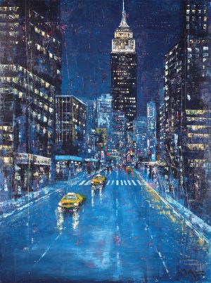 Follow that Cab NYC, by Mark Curryer. A painting of a NYC street at night in blues with builds lit up and yellow cabs