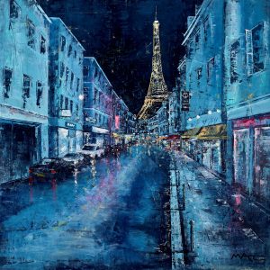 Love and lights a painting by Mark Curryer of a street in Paris at night with the Eiffel tower lit up in the distance.