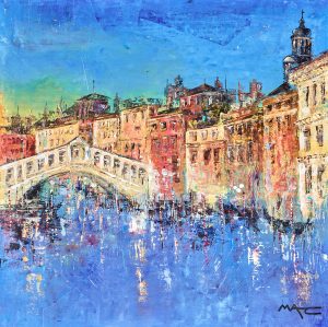 Love on the Canal, a painting by Mark Curryer of the Rialto bridge and the surrounding area in Venice.
