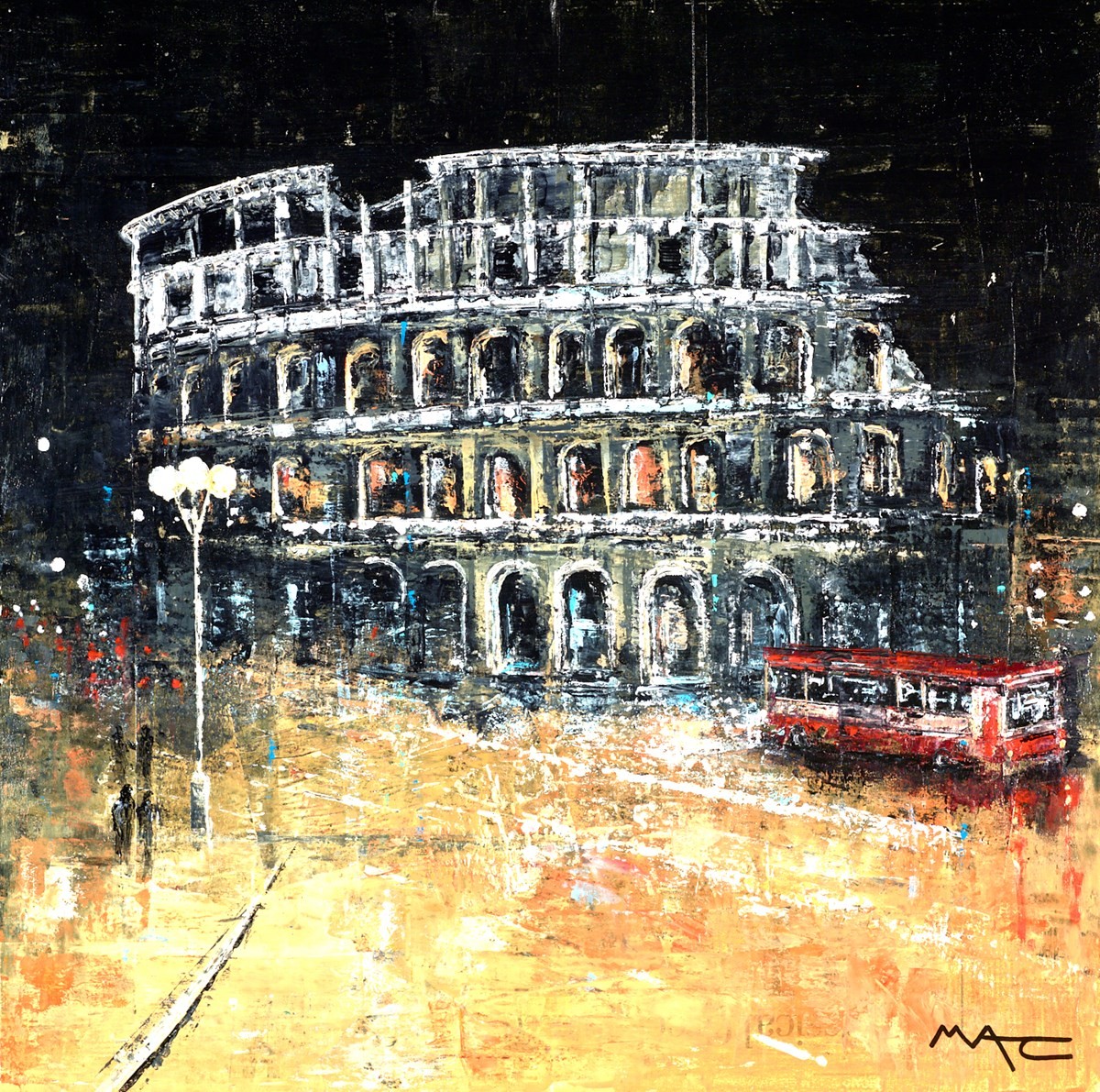 Night Bus rome. A painting by Mark Curryer of the Colosseum in Rome lit up at night.
