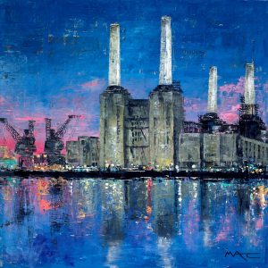 No Smoke. A painting by Mark Curryers of a powerstation and docks on a river at night.