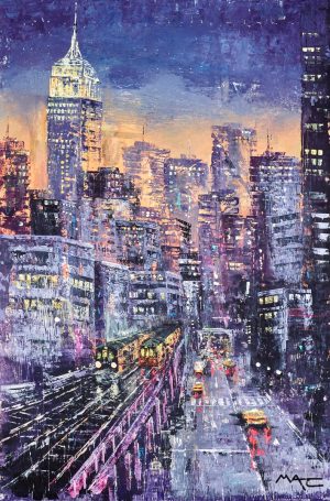 Stay on Track. A painting by Mark Curryer showing a train tracks through the middle of a city at night.