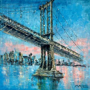 The Beast over the East (River) A painting by Mark Curryer showing bridge over the river in New York