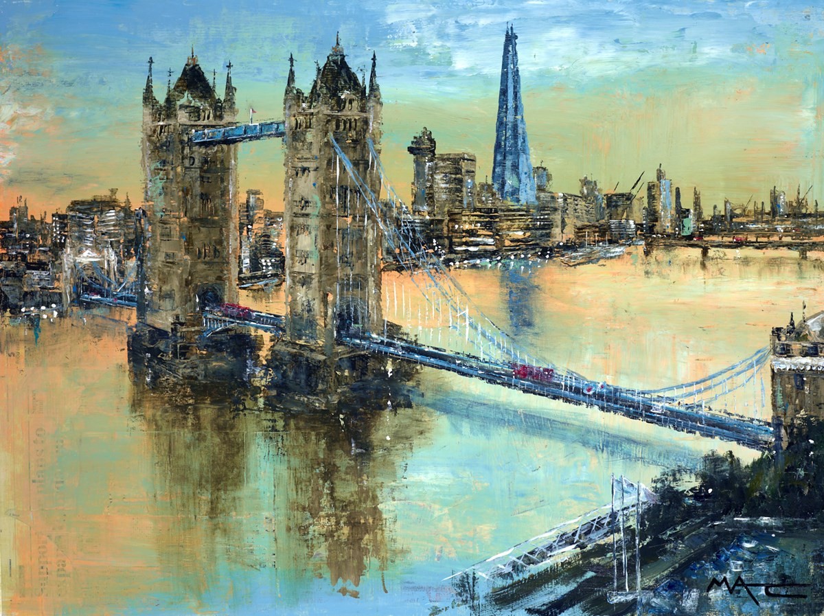 Towers old and New/. A painting by Mark Curryer showing tower bridge and new skyscrapers in the background on Londons skyline.