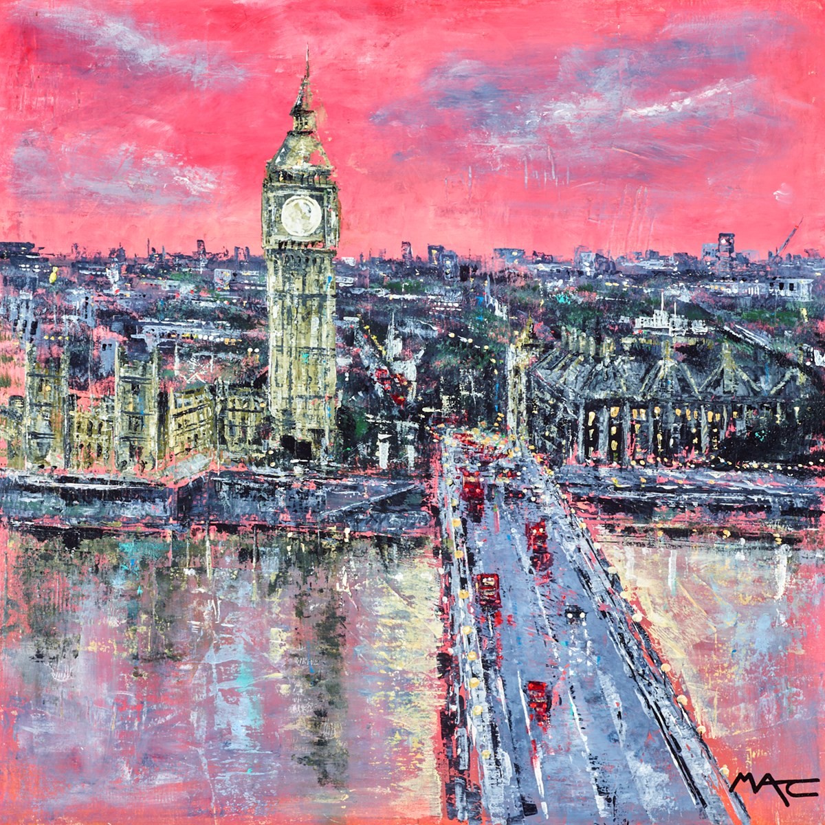 Westminister Sunsets. A painting by Mark Curryer showing big ben and Westminster at sun set with a pink and red sky.