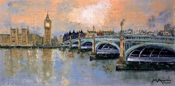 Westminster. A painting by Mark Curryer of a view across the river looking at Westminster.