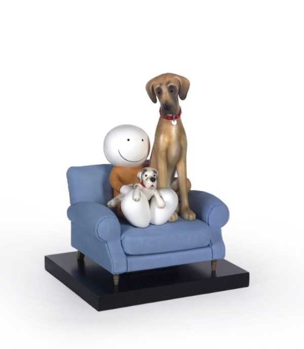 Always be by your side by Doug Hyde. Sculpture of a Figure sat in a chair with 2 dogs