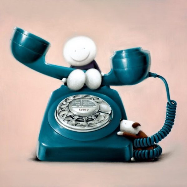 Love U by Doug Hyde. A figure sat on top of a large blue phone