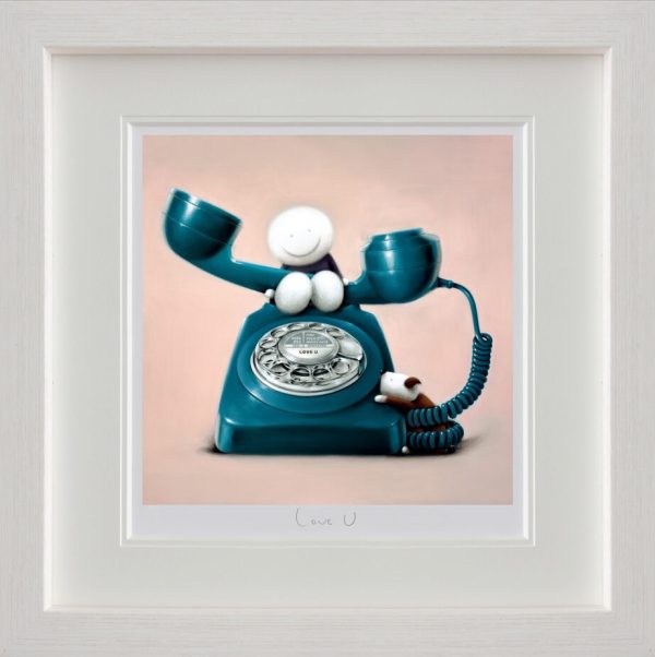 Love U by Doug Hyde. A figure sat on top of a large blue phone in a white frame