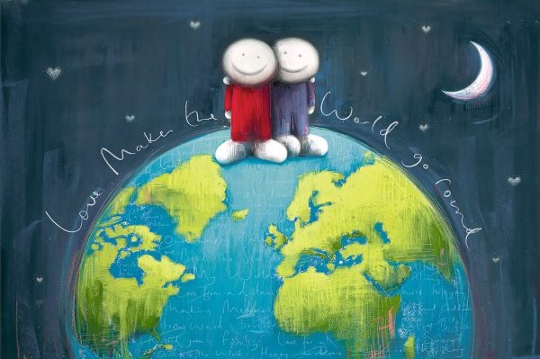 Love makes the world go round by Doug Hyde. 2 figures stood on top of a world