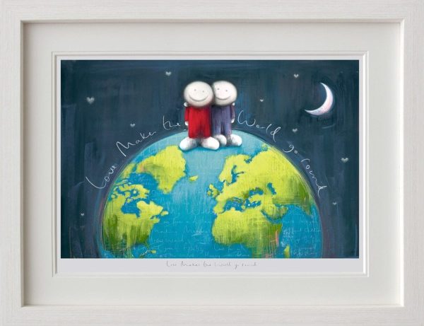 Love makes the world go round by Doug Hyde. 2 figures stood on top of a world in a white frame