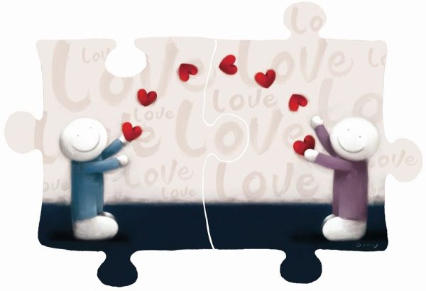 Perfect Match by Doug Hyde. Artwork of 2 figures with 2 jigsaw pieces that fit together