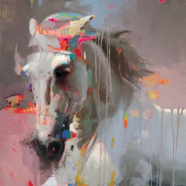 Christian Hook Cielo de Najanjos. A grey horse on a pink background with highlights of bright colours