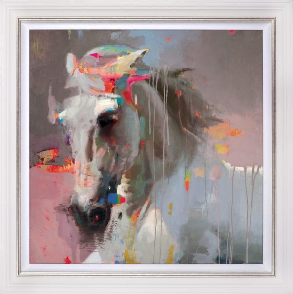 Christian Hook Cielo de Najanjos. A grey horse on a pink background with highlights of bright colours in a cream frame