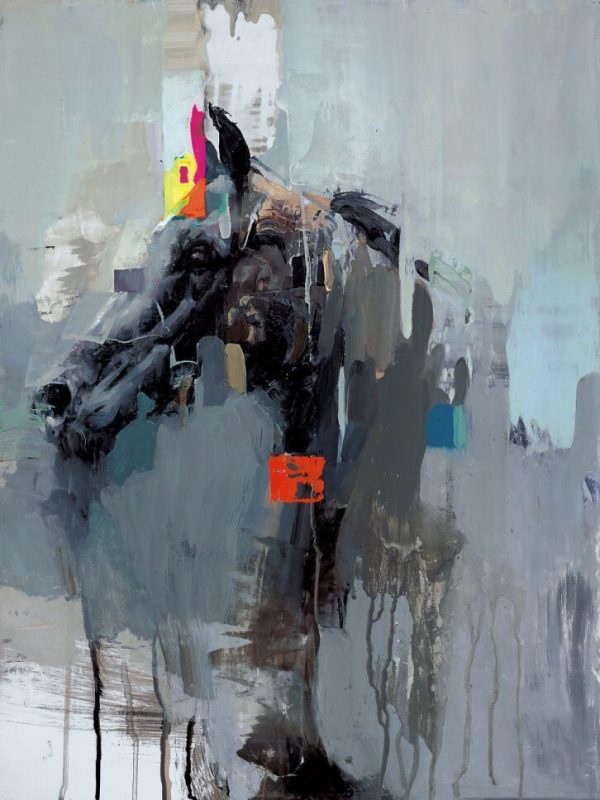 Christian Hook La Idea de una cabeza de caballo. A black horse on a grey background with splashed of bright colours