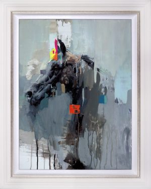 Christian Hook La Idea de una cabeza de caballo. A black horse on a grey background with splashed of bright colours in a white frame