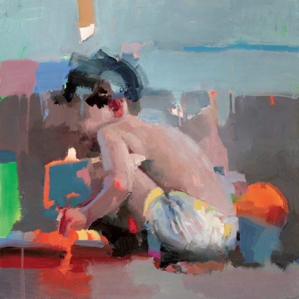 Christian Hook painting Mar de luces III. A boy on a beach with splashes of colour around him