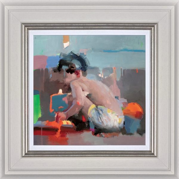 Christian Hook painting Mar de luces III. A boy on a beach with splashes of colour around him in a cream frame