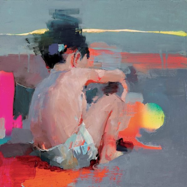 Christian Hook painting Mar de luces IV. A boy on a beach with splashes of colour around him