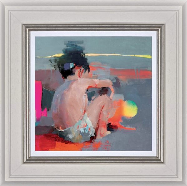 Christian Hook painting Mar de luces IV. A boy on a beach with splashes of colour around him in a cream frame