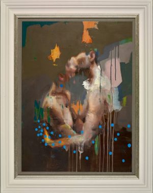 Christian Hook painting the Kiss. Showing parts of the torso of two figures kissing, with splashes of colour on top in a cream frame