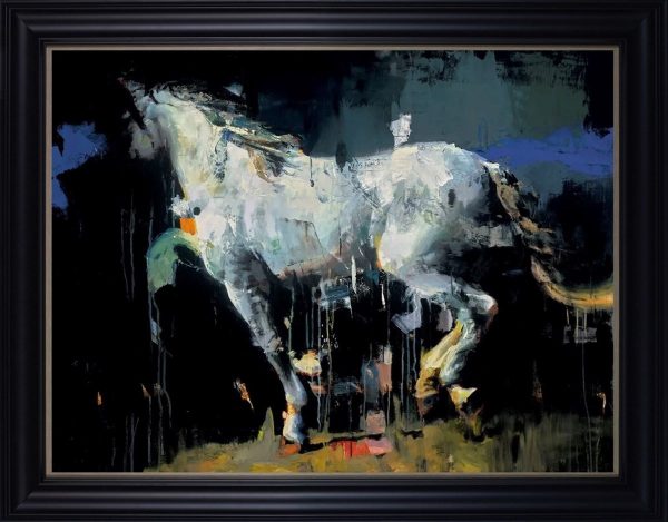 Christian Hook painting two blues and an orange showing a grey horse on a dark background with splashes of blue and orange in a black frame