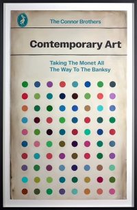 Contemporary Art by the Connor Brothers. Styled on a penguin book cover, white background rows of multi coloured dots in a black frame