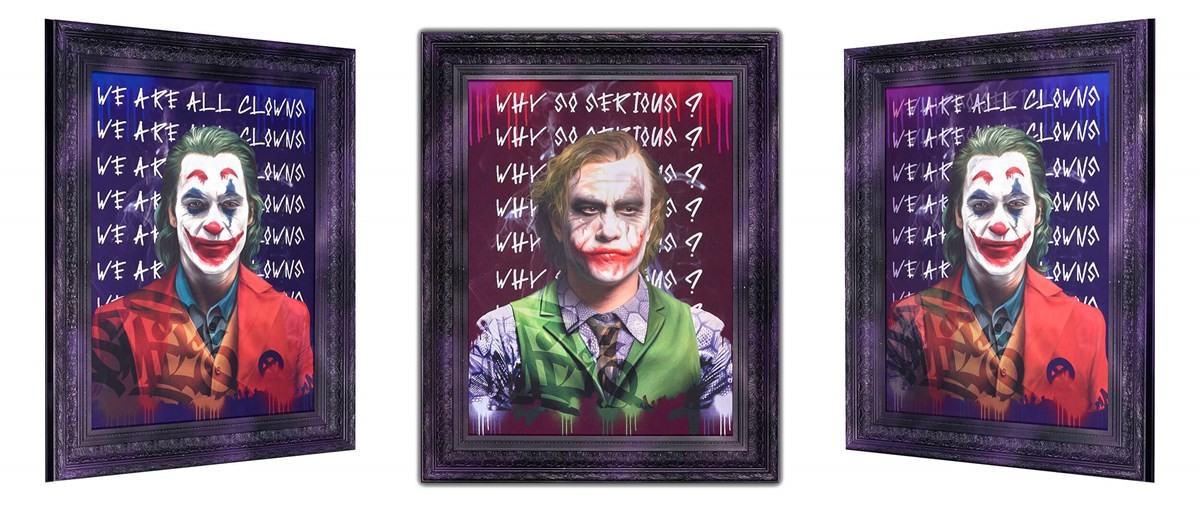 Jokes on you by Dan Pearce, from one angle heath ledgers joker, another angle Joaquin Phoenix. In a black frame