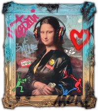 Modern Muse by Dan Pearce. Mona Lisa in a leather jacket and headphones with spray paint graffiti in background. 2 tone frame created with spray paint.