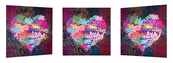 Heart full of love by Dan Pearce. A heart formed by graffiti style words, where the image changes slightly depending on the angle you view from